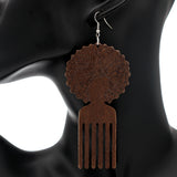 Dark Brown Natural Hair Afro Pick Wooden Earrings