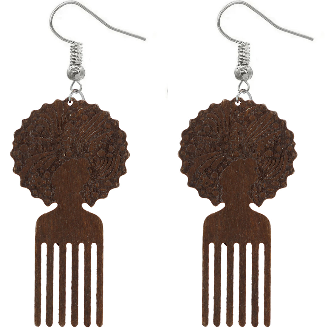 Dark Brown Natural Hair Afro Pick Wooden Earrings