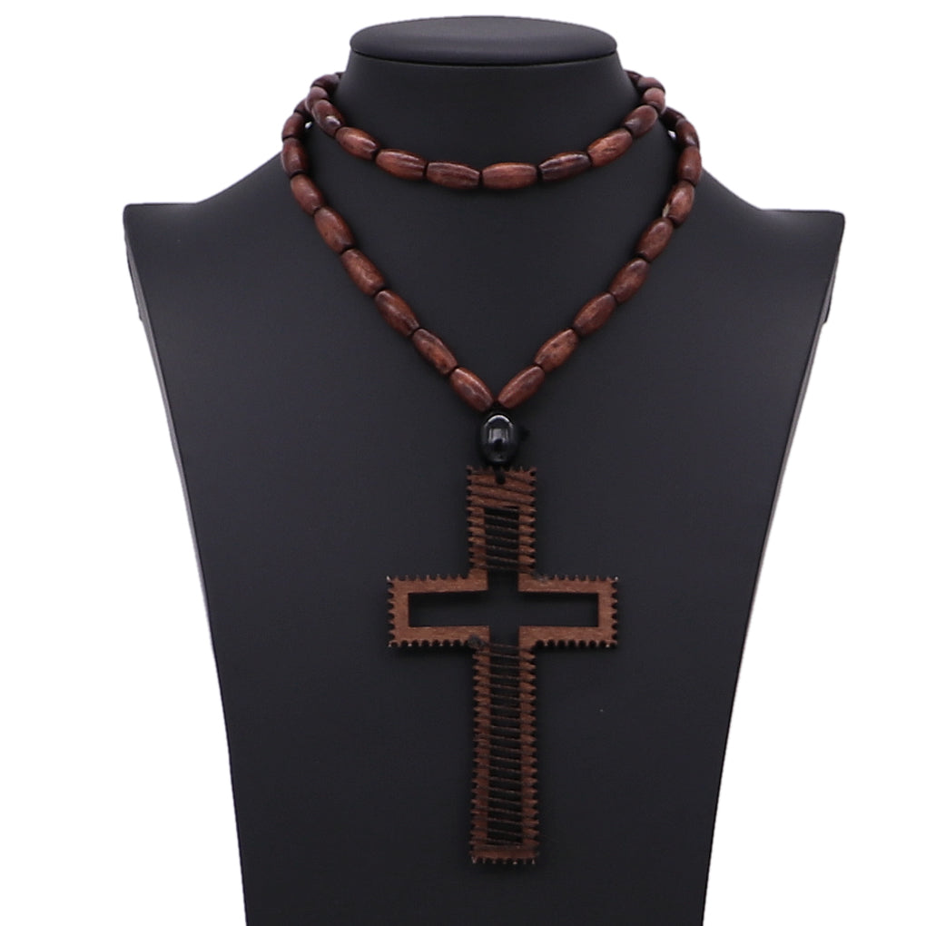 Dark Brown Beaded Woven Cross Necklace