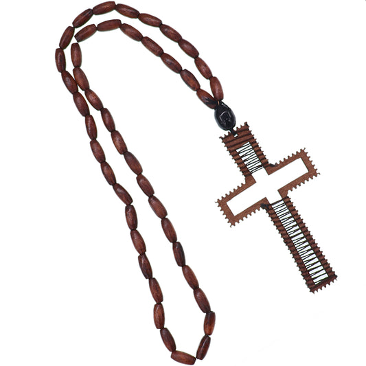 Dark Brown Beaded Woven Cross Necklace