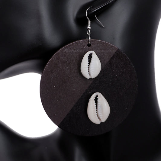 Dark Brown Wooden Cowrie Seashell Earrings