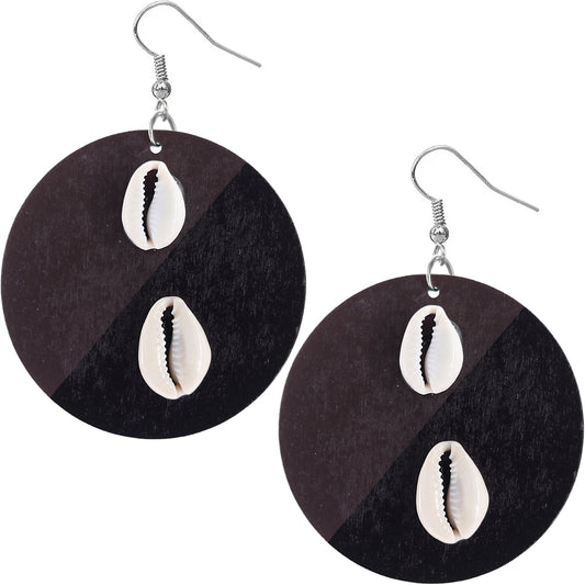 Dark Brown Wooden Cowrie Seashell Earrings
