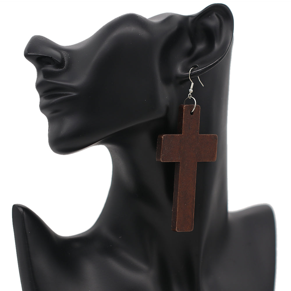 Dark Brown Cross Large Wooden Earrings