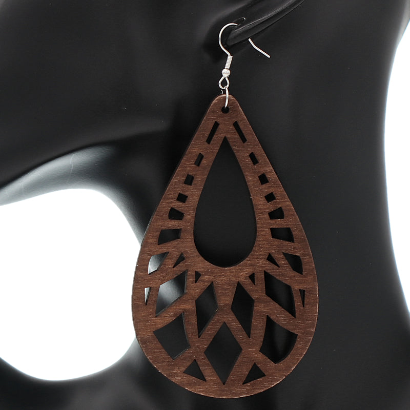 Dark Brown Large Cutout Teardrop Wooden Earrings