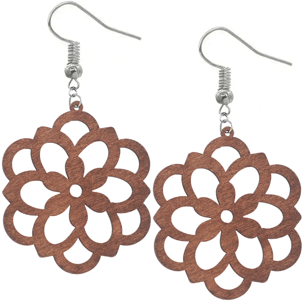 Brown Dahlia Wooden Earrings