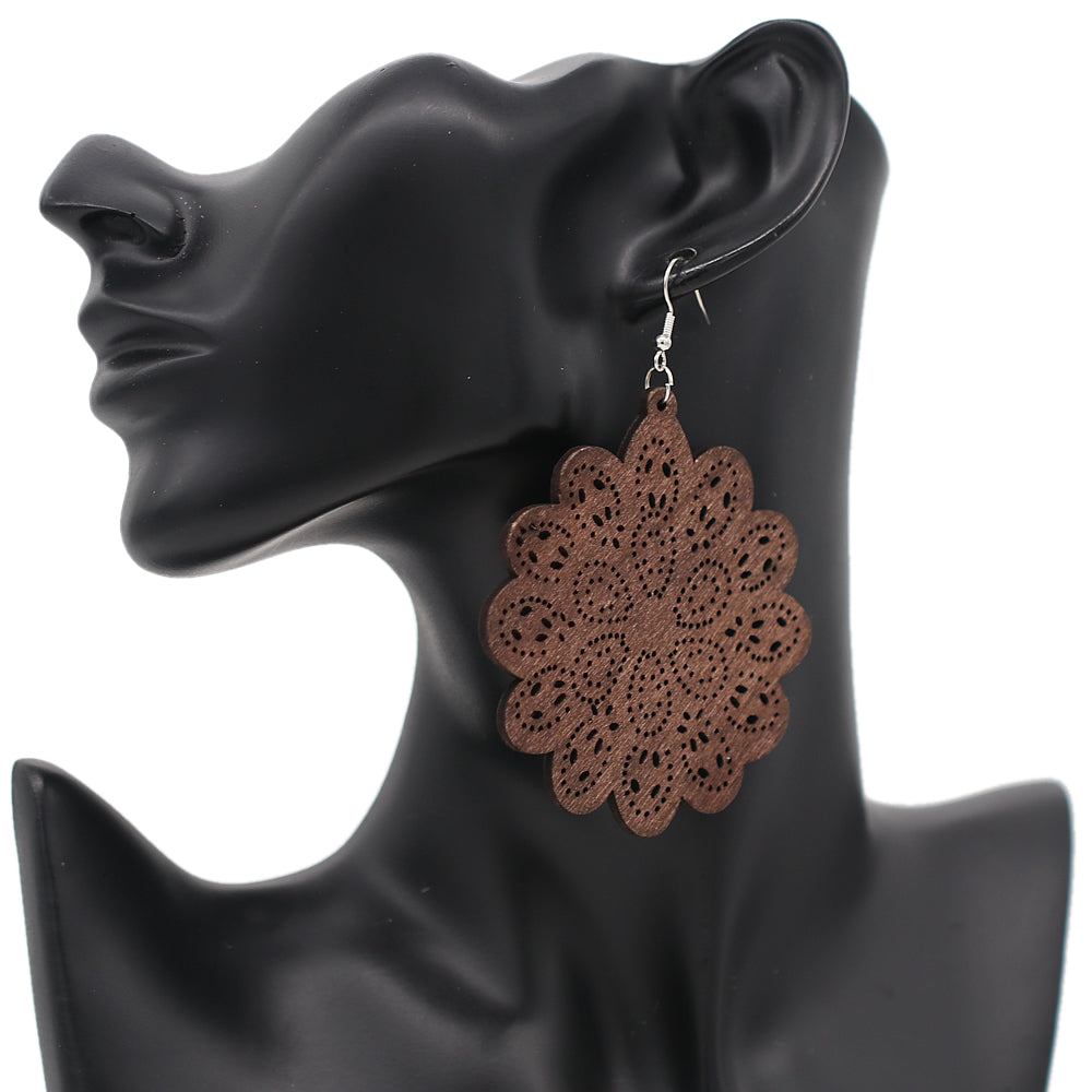 Dark Brown Floral Mandala Pattern Wooden Earrings