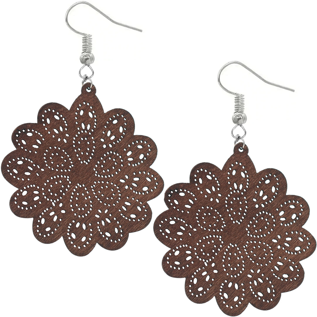 Dark Brown Floral Mandala Pattern Wooden Earrings