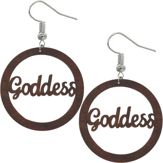 Dark Brown Cursive Goddess Word Wooden Earrings