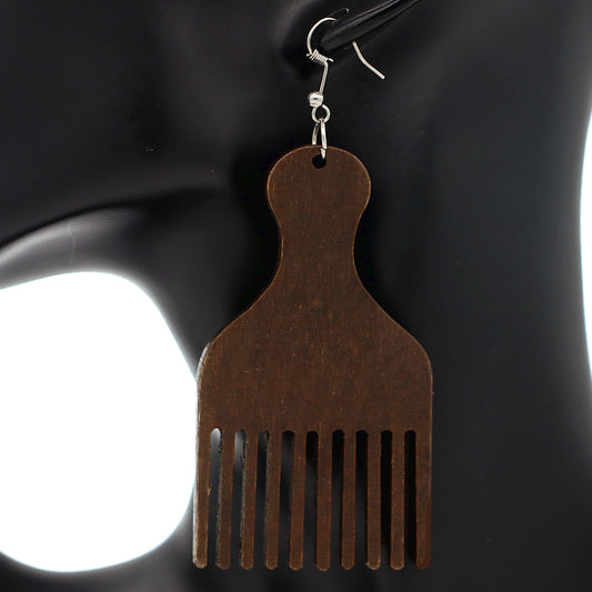 Dark Brown Afro Pick Comb Afrocentric Wooden Earrings