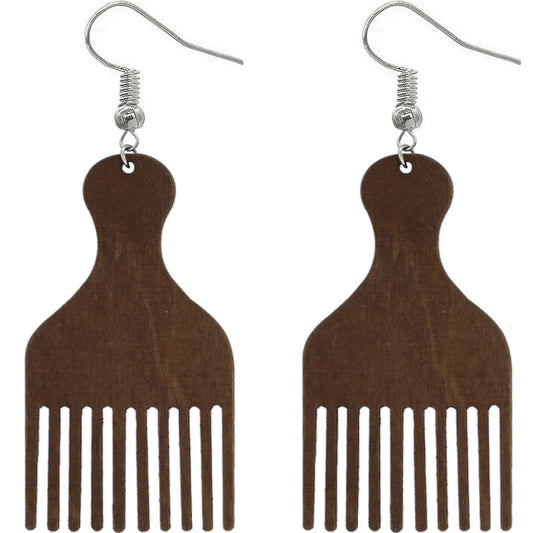Dark Brown Afro Pick Comb Afrocentric Wooden Earrings