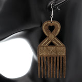 Dark Brown Heart Hair Pick Wooden Earrings