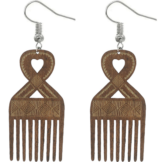 Dark Brown Heart Hair Pick Wooden Earrings