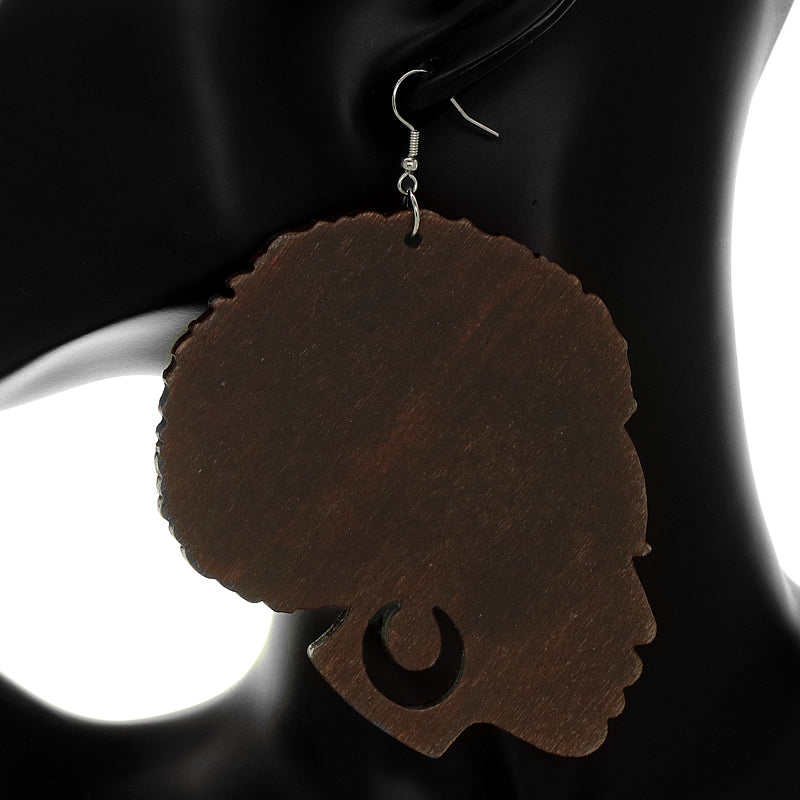 Dark Brown Large Afro Head Wooden Earrings