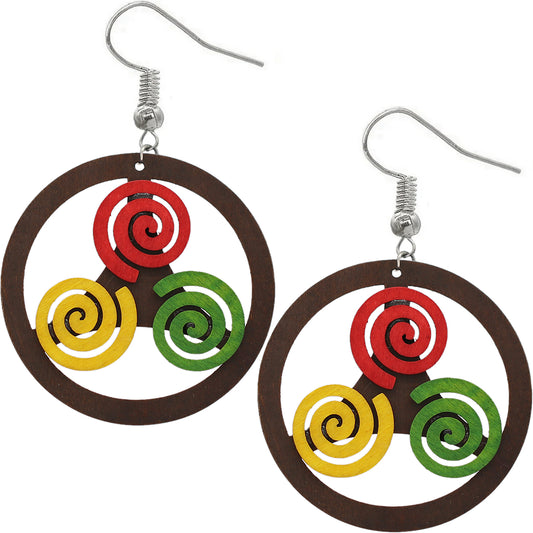 Dark Brown Multicolor Round Swirl Wooden Earrings