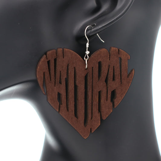 Dark Brown Wooden Heart Shaped Natural Word Earrings