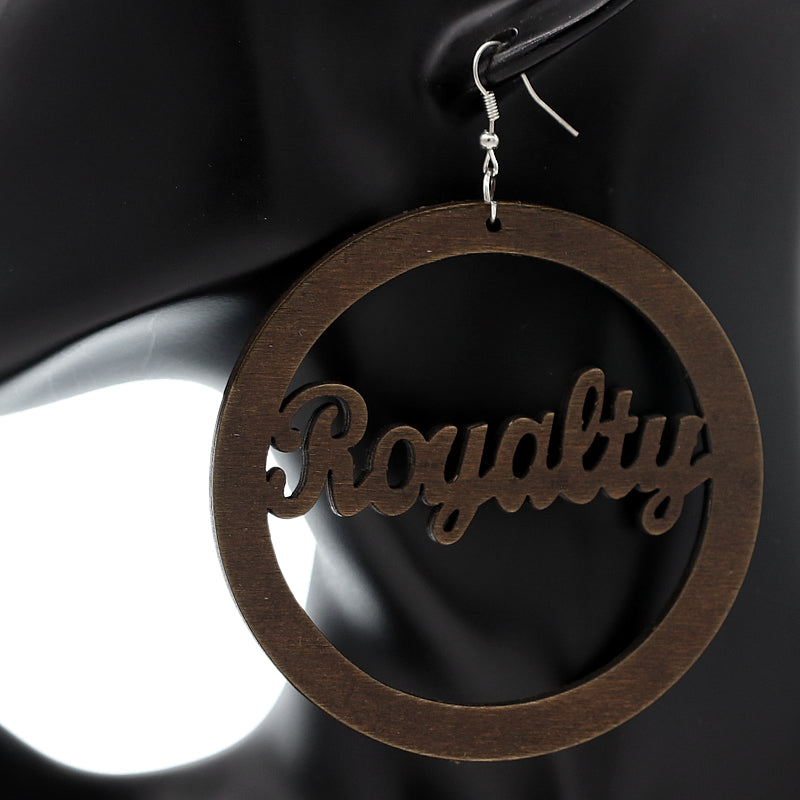 Dark Brown Cursive Royalty Word Wooden Earrings