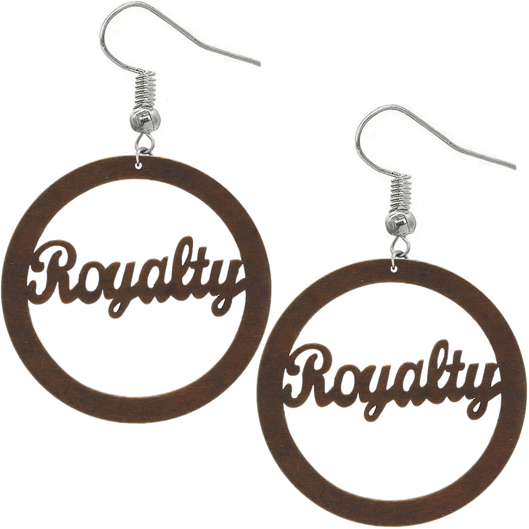 Dark Brown Cursive Royalty Word Wooden Earrings