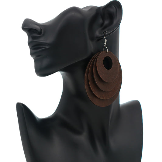 Dark Brown Layered Wooden Dangle Earrings