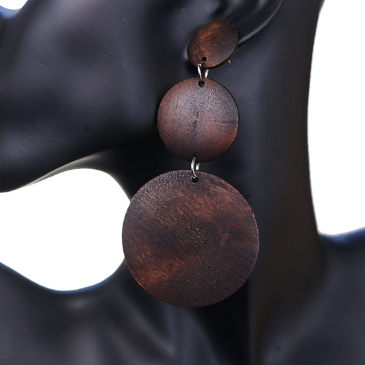 Dark Brown Triple Circular Cascade Wooden Earrings