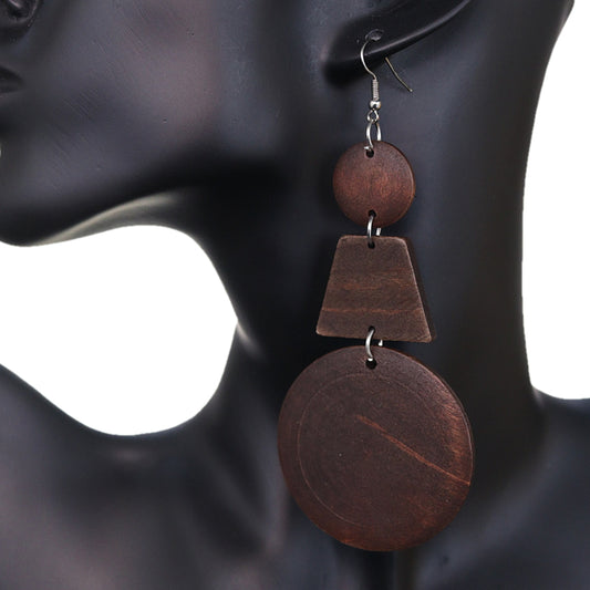 Dark Brown Triple Geometric Wooden Drop Earrings