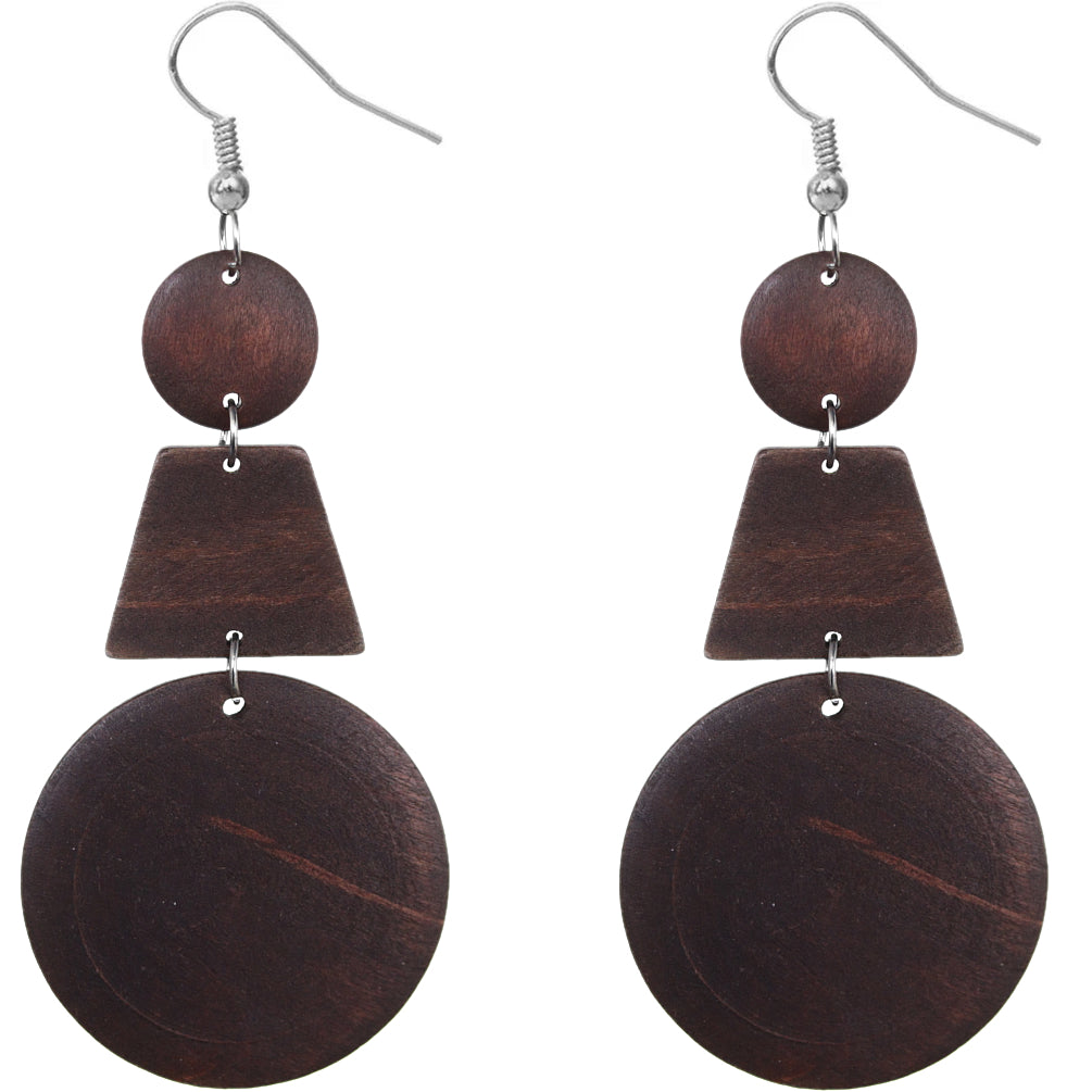 Dark Brown Triple Geometric Wooden Drop Earrings
