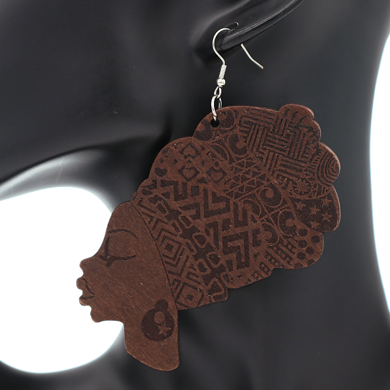 Dark Brown Large Turban Head Wrap Wooden Earrings