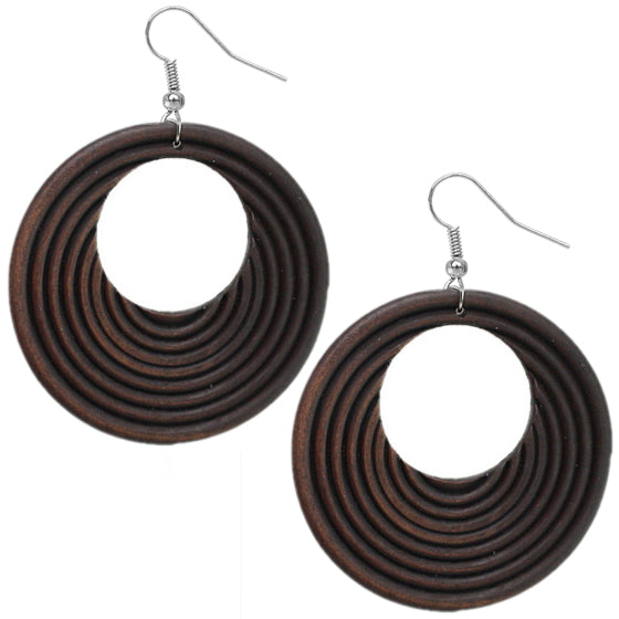 Dark Brown Wooden Circular Roll Texture Dangle Earrings