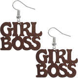 Dark Brown Girl Boss Letter Wooden Earrings