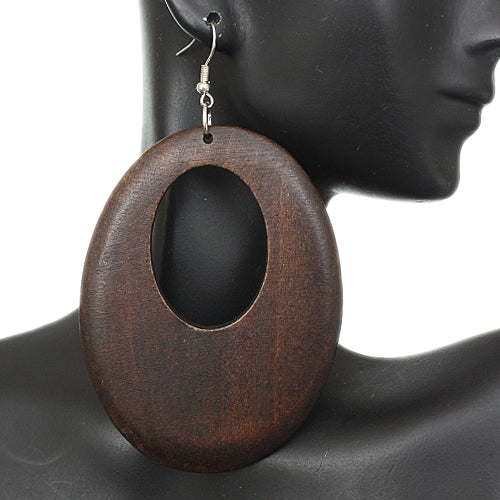 Dark Brown Wooden Cutout Oval Earrings