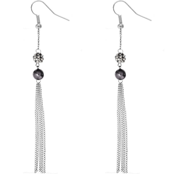 Dark Gray Beaded Fireball Chain Earrings