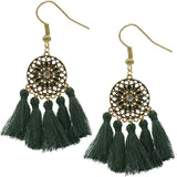 Dark Green Tassel Fringe Mandala Dangle Earrings