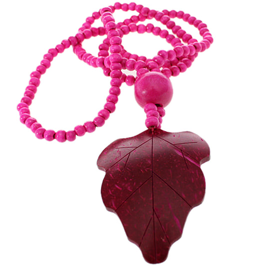 Dark Pink Wooden Beaded Leaf Charm Necklace