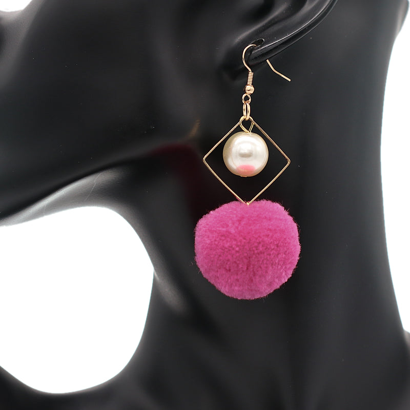 Pink Pom Pom Rhombus Shaped Dangle Earrings