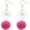Pink Pom Pom Rhombus Shaped Dangle Earrings