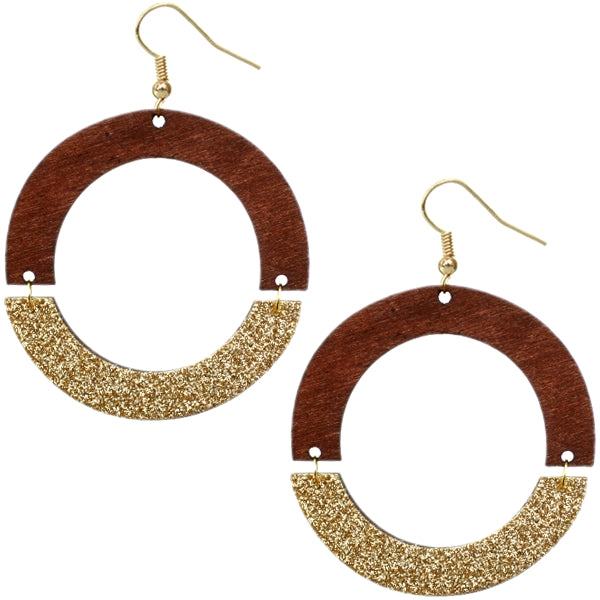 Brown Gold Wooden Glitter Link Earrings