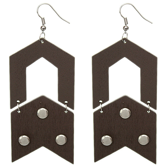 Dark Brown Wooden Open Geometric Link Earrings