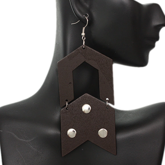 Dark Brown Wooden Open Geometric Link Earrings