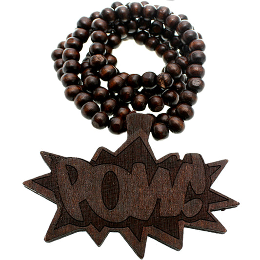 Dark Brown Wooden Comic Pow Bead Necklace