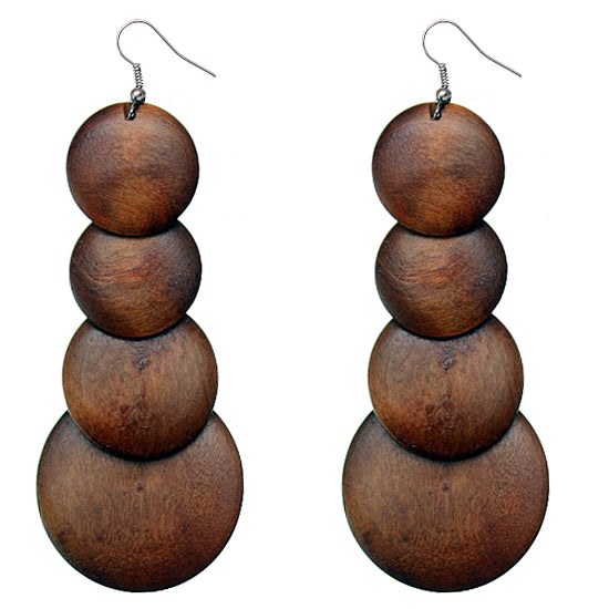 Dark Brown Wooden Round Disc Cascade Earrings
