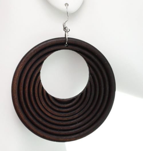 Dark Brown Wooden Circular Roll Texture Dangle Earrings