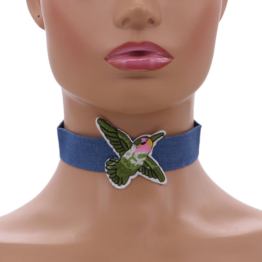 Green Hummingbird Denim Embroidery Choker Necklace