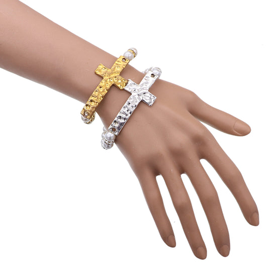 Gold Faux Pearl Cross Stretch Bracelet