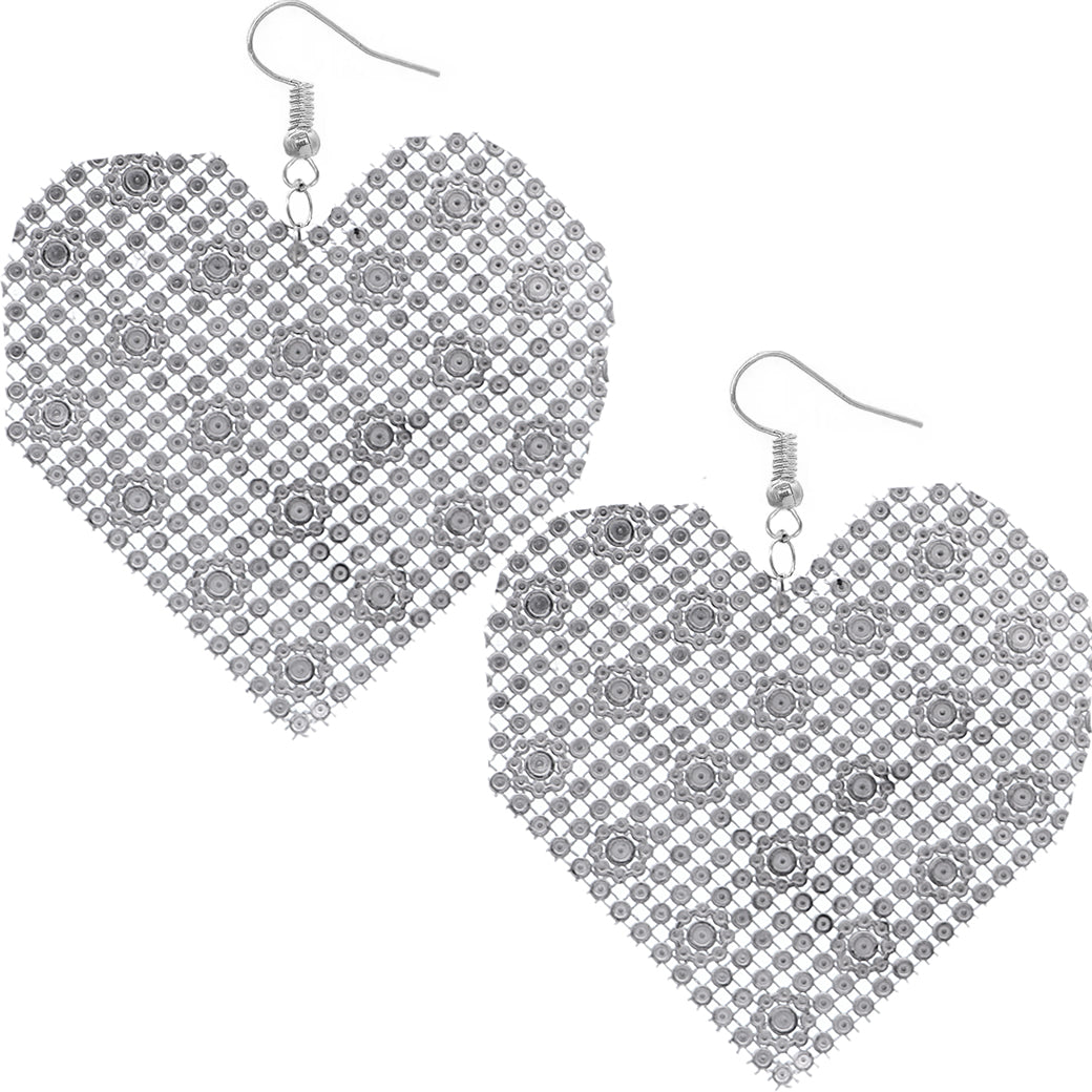 Blue Mesh Rhinestone Heart Earrings