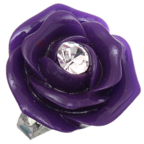 Purple Centered Rhinestone Flower Adjustable Ring