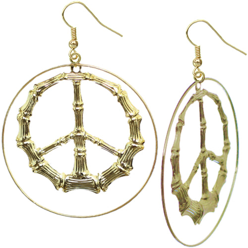 Gold Bamboo Peace Hoop Earrings