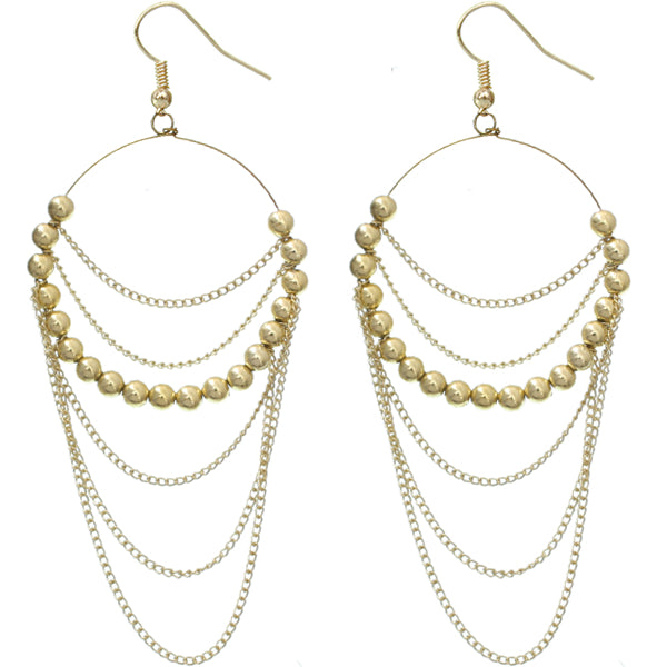 Gold Beaded Drop Chain Hoop Earrings