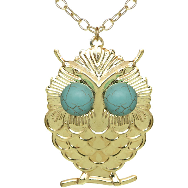 Gold Beaded Eyes Owl Pendant Necklace