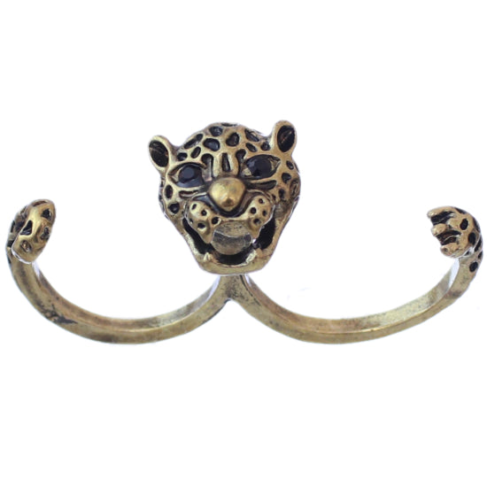 Antique Gold Cheetah Face Double Cuff Finger Ring