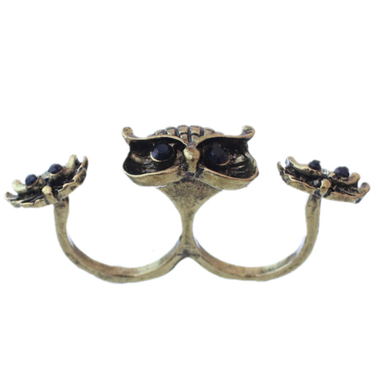 Antique Gold Hoot Owl Double Cuff Finger Ring