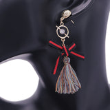 Brown Multicolor Ribbon Bow Tassel Dangle Earrings